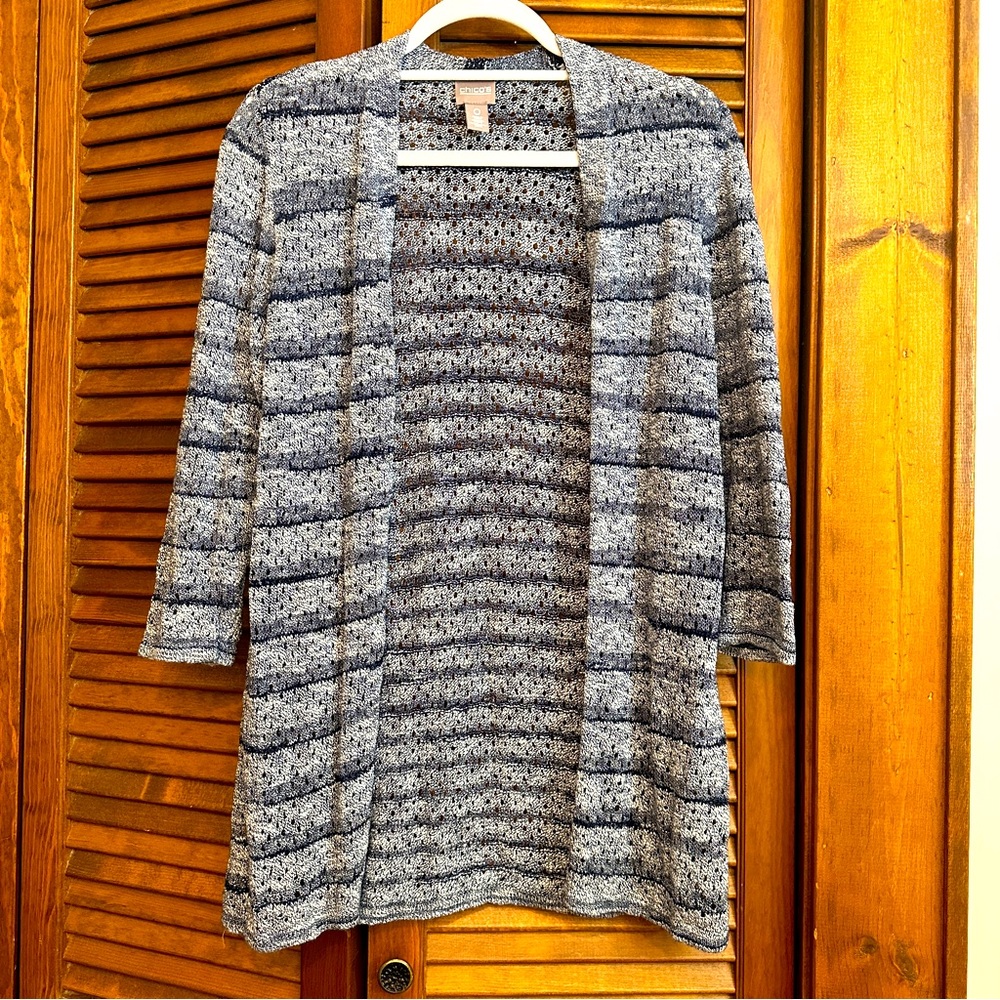 EUC Chicos lightweight open-knit cardigan, dark navy/white marl stripes, S